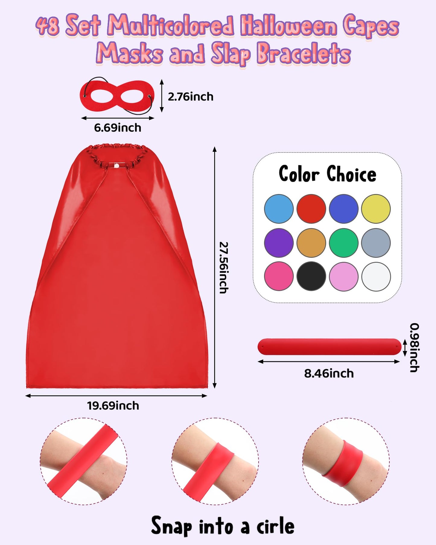Jenaai 48 Sets Kids Party Costume Set Capes Felt Masks and Slap Bracelets for Birthday Halloween Cosplay Group Dress-up Party