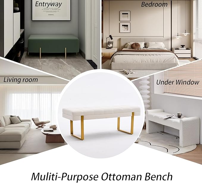 AIITTCC Velvet Ottoman Bedroom Bench, 46.5" Tufted Padded End of Bed Bench with Gold Legs, Upholstered Shoe Bench for Living Room Entryway Window (Ivory White, 46" Wide)