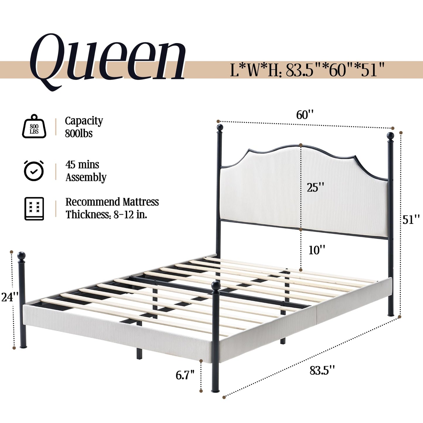 LUXOAK Queen Bed Frame with LED Light & Arch Headboard, Modern Corduroy Upholstered Platform Bed with Metal Poster, No Box Spring Needed/Easy Assembly/Noise Free, White