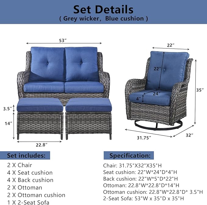 Belord 5 Piece Outdoor Patio Furniture Set - Wicker Furniture Patio Conversation Set, Outdoor Swivel Rocker Chairs with Loveseat Sofa and 2 Ottomans for Small Space, Blue Cushion