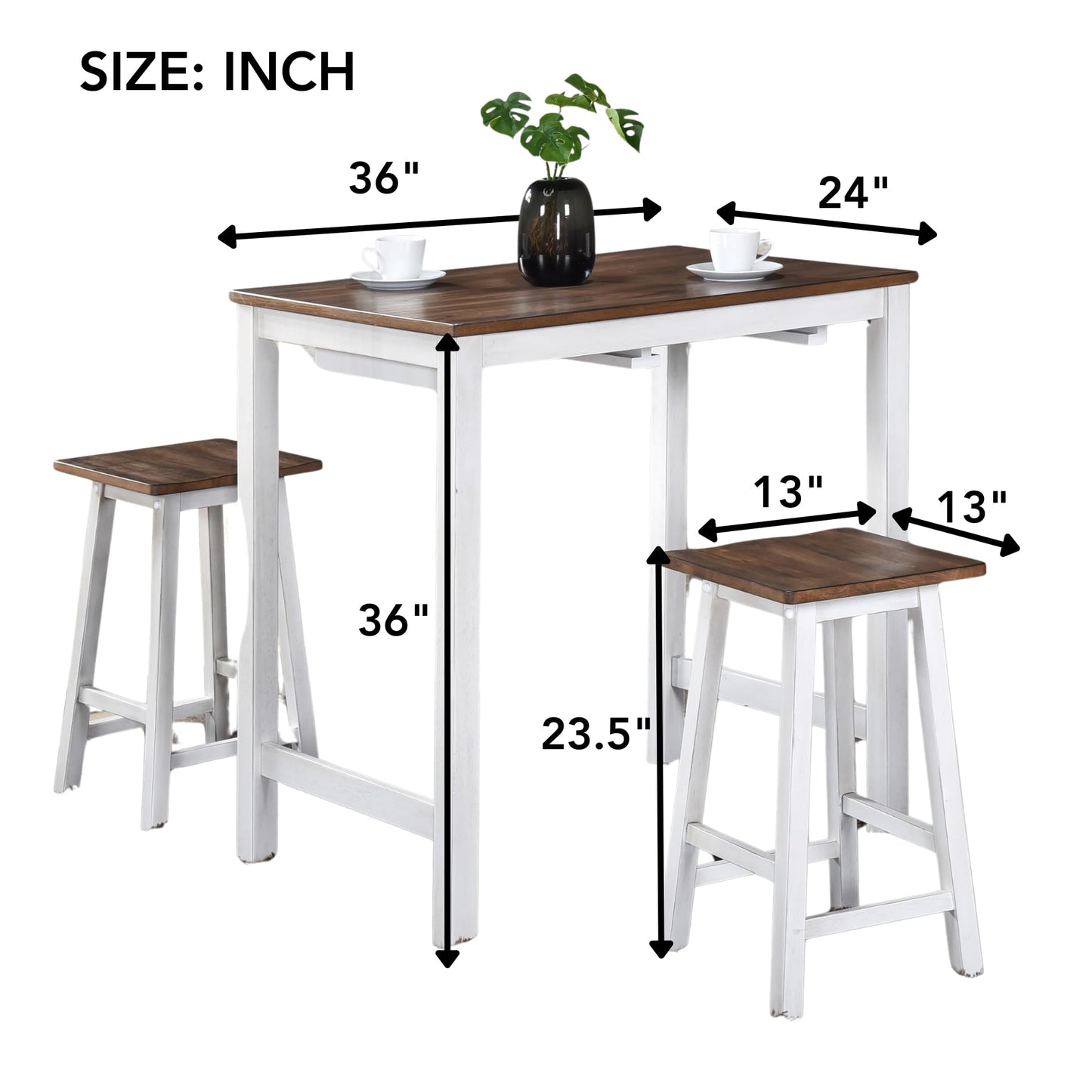 Fonkoir 3 Piece Bar Table Set, Counter Height Pub Table with 2 Saddle Bar Stools, Pub Dining Set Kitchen Table Set for 2, 42'' Wood Table & Chair Set for Bar Kitchen Office, Greyish Brown