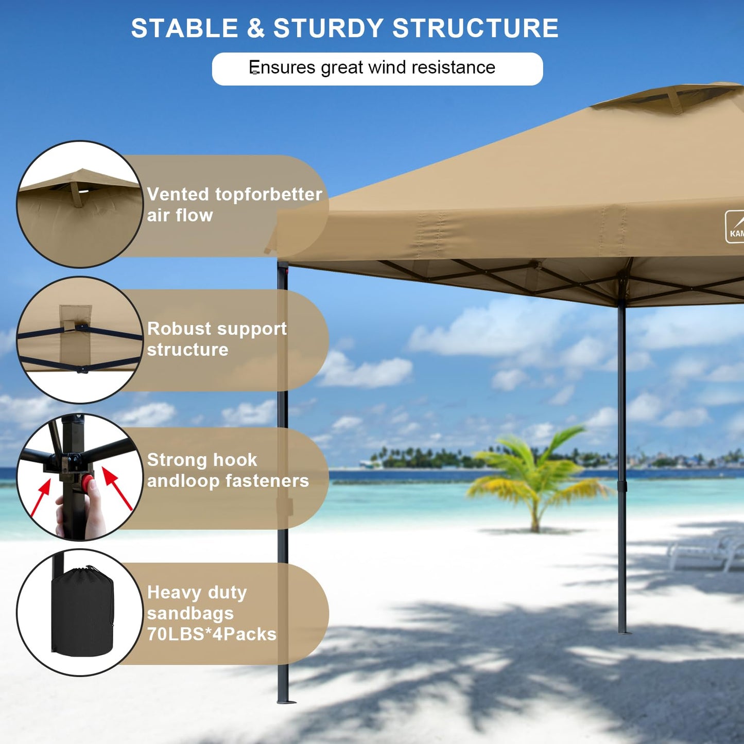 KAMPKEEPER 10x10 Pop Up Canopy Tent with 2 Sidewalls, Beach Tent - Easy Outdoor Sun Shade for Events, Parties, Camping - Gazebo with 4 Weight Bags & Carry Bag.(Khaki)