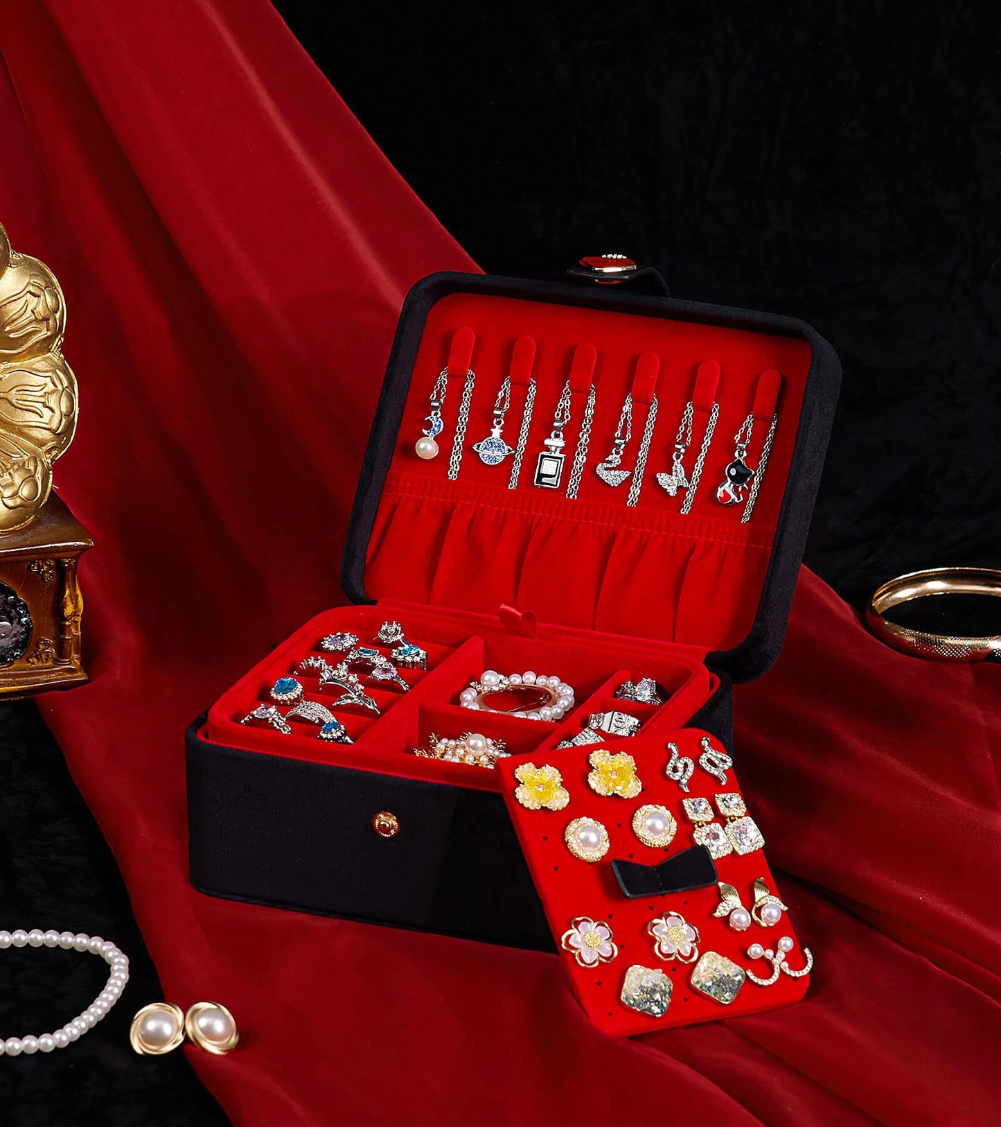 Homde Jewelry Box Small for Women: Ring Earring Organizer Storage for Dresser - Necklace Bracelets Holder with Multi Compartments(Black + Red)