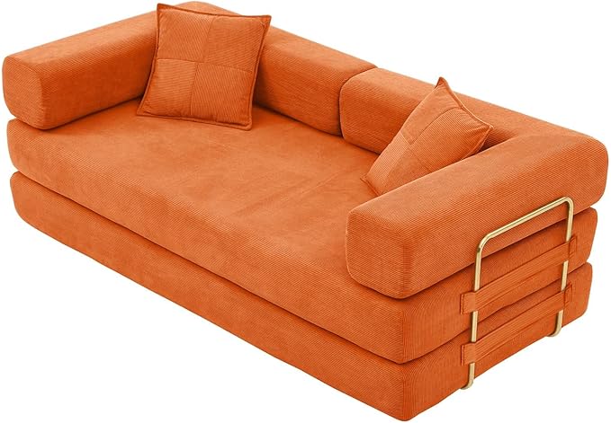 Convertible Couch Sofa Bed Foldable Floor Sleeper | Modern Fold Out Deep Seat Couch | Removable Backrest & Armrests | No Assembly Compression Sofa Sleeper for Living Room, Bedroom | Orange Corduroy