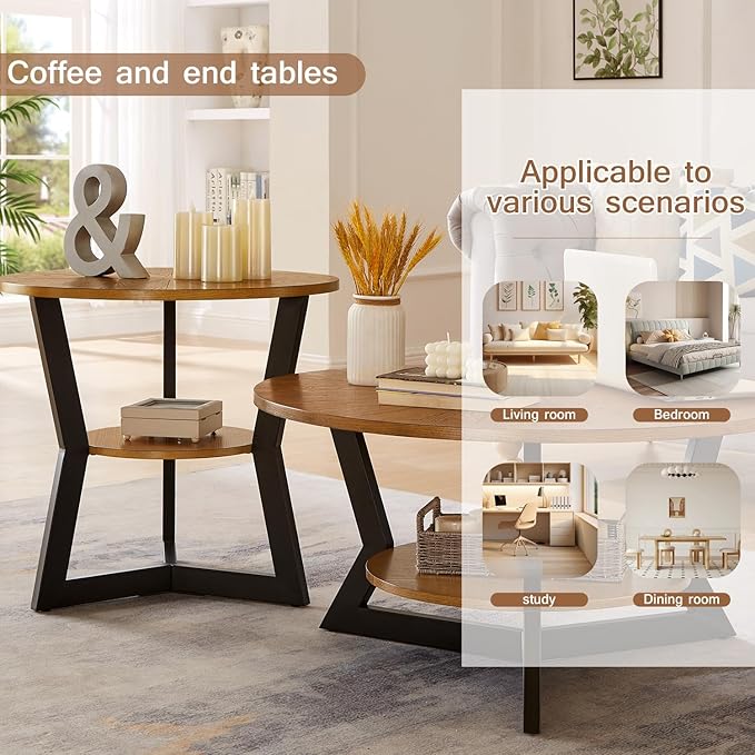 Round Coffee Tables for Living Room, 2-Tier Modern Circle Center Table with Storage, Wood Sofa Table with Metal Frame๏ผ35'x 17' Inches๏ผEasy Assembly๏ผWalnut