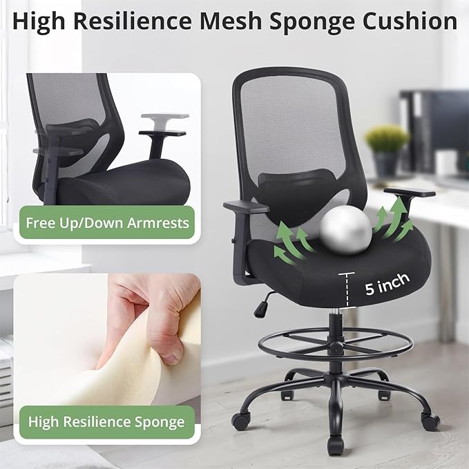 Heavy Duty Office Drafting Chair, High Back Ergonomic Chair,400Lbs Tall Office Chairs, Big and Tall Office Chair with Flip-up Armrest Lumbar Support and Footrest