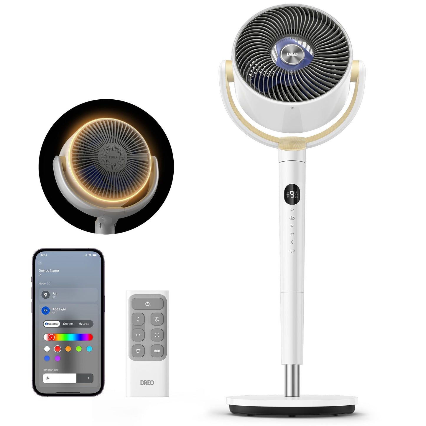 Dreo Smart Fan for Bedroom, 120 +120 Omni-Directional Oscillating Fans, 90ft Quiet Pedestal Fan with RGB Light, 9 Speeds, 6 Mode