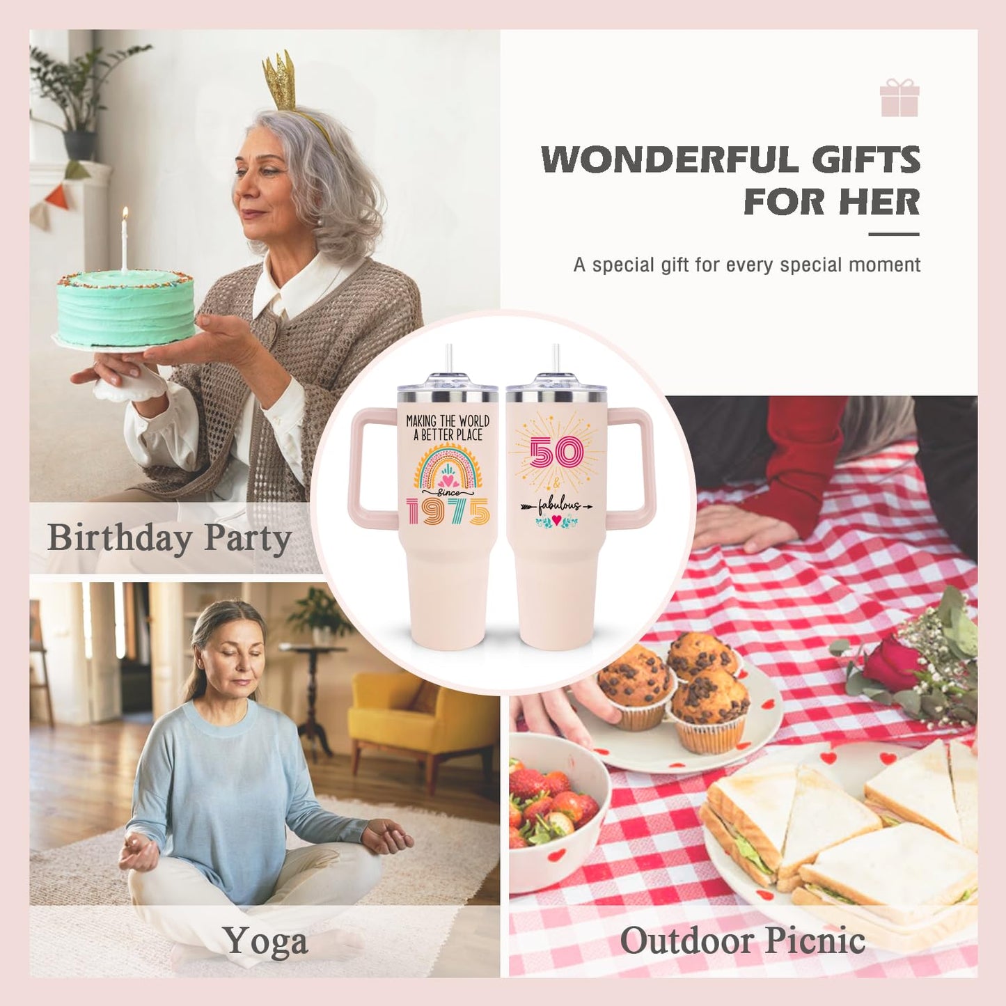50th Birthday Gifts for Her Women, Cool Cute 1975 50th Birthday Gift for Turning 50 Year Old Woman, 50 and Fabulous Gifts for Women, 50th Birthday Decorations for Her, 40oz Tumbler Coffee Mug