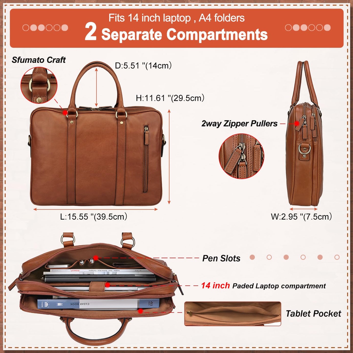 Banuce Premium Italian Full Grain Leather Briefcase for Men Fits 14 Inch Laptop for Business Travel Office Work with Detachable and Adjustable Shoulder Strap Brown