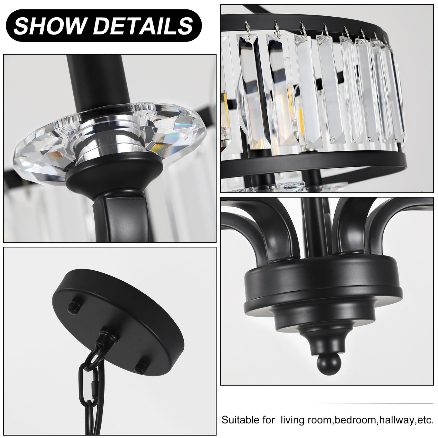 ZXFDWB Modern Black Crystal Chandelier,5-Light Farmhouse Dining Room Light Fixture Over Table Adjustable Height Hanging Industrial Pendant Lights Kitchen Island,Living Room Kitchen Island Entryway
