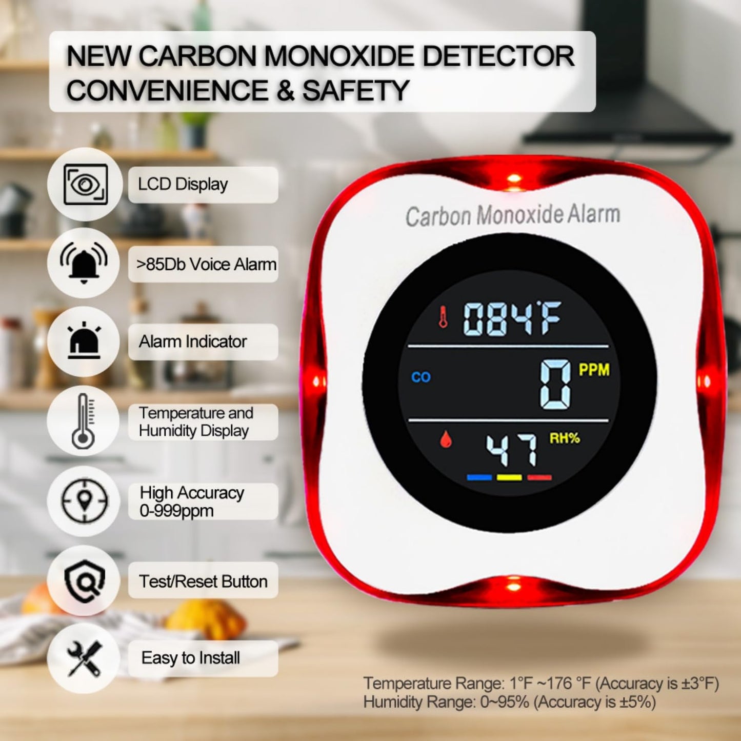 CHENGHEM Plug in Carbon Monoxide Detector, CO Detector with LCD Temperature and Humidity Display, 3-in-1 Portable Carbon Monoxide Detector for Travel,Homes Offices RV Hotel (1Pack)