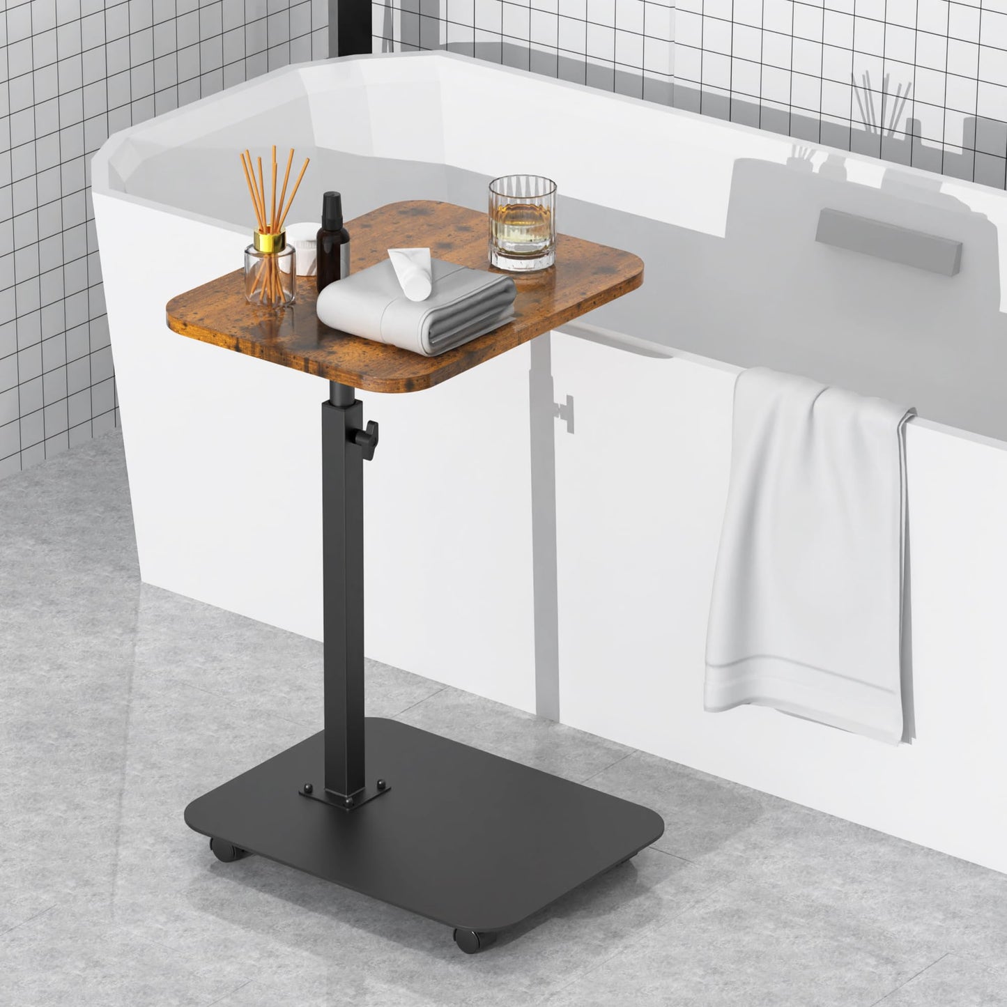 TV Tray Table Heavy Metal Base with Wheel Swivel/Adjustable Height Couch Table, Sofa Arm End Side Table for Living Room and Bedroom, Bed or Small Spaces