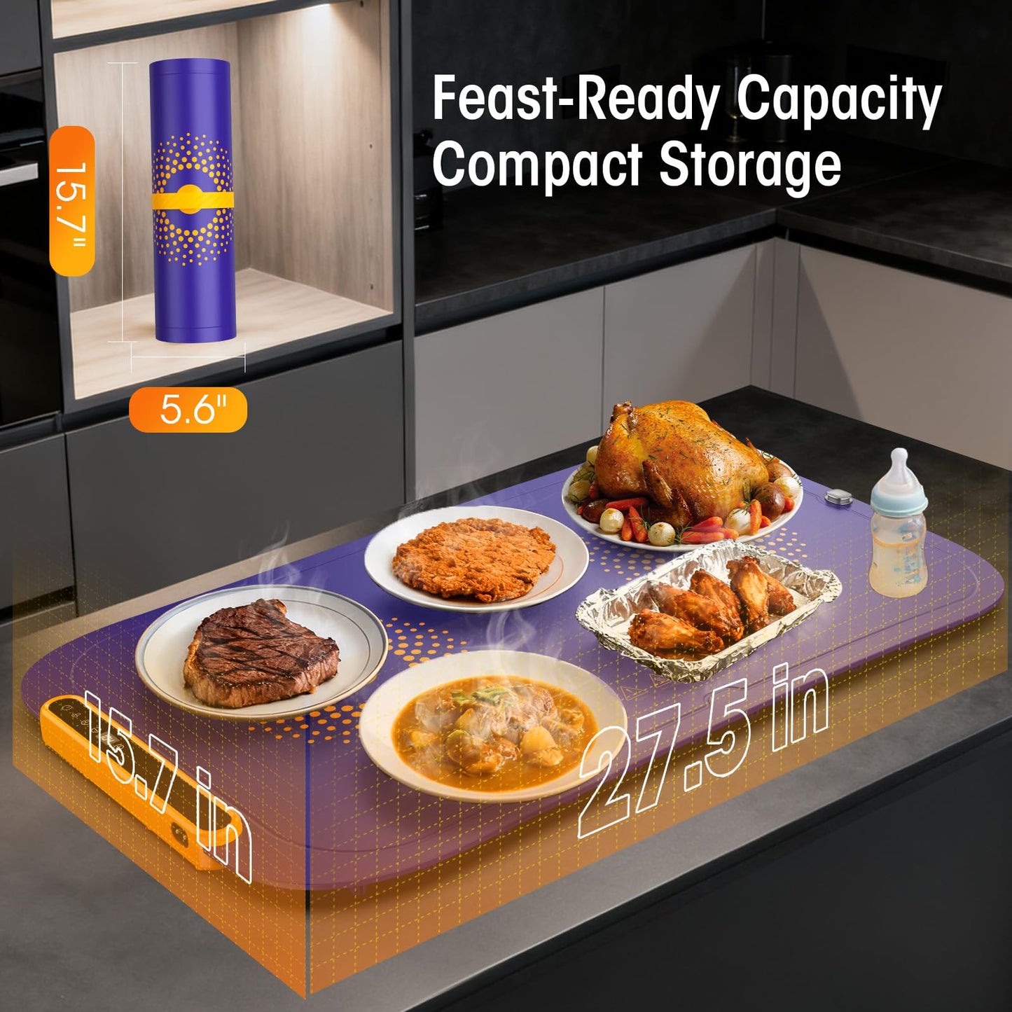 Warming Mat for Food, Extra Large, Food Warming Mat for Countertop, Food Warmer Mat with AI 7 Temperature Settings, Child Lock, Raised Feet Protects Table, Fast 8s Heating,Parties,Buffets,Daily Use