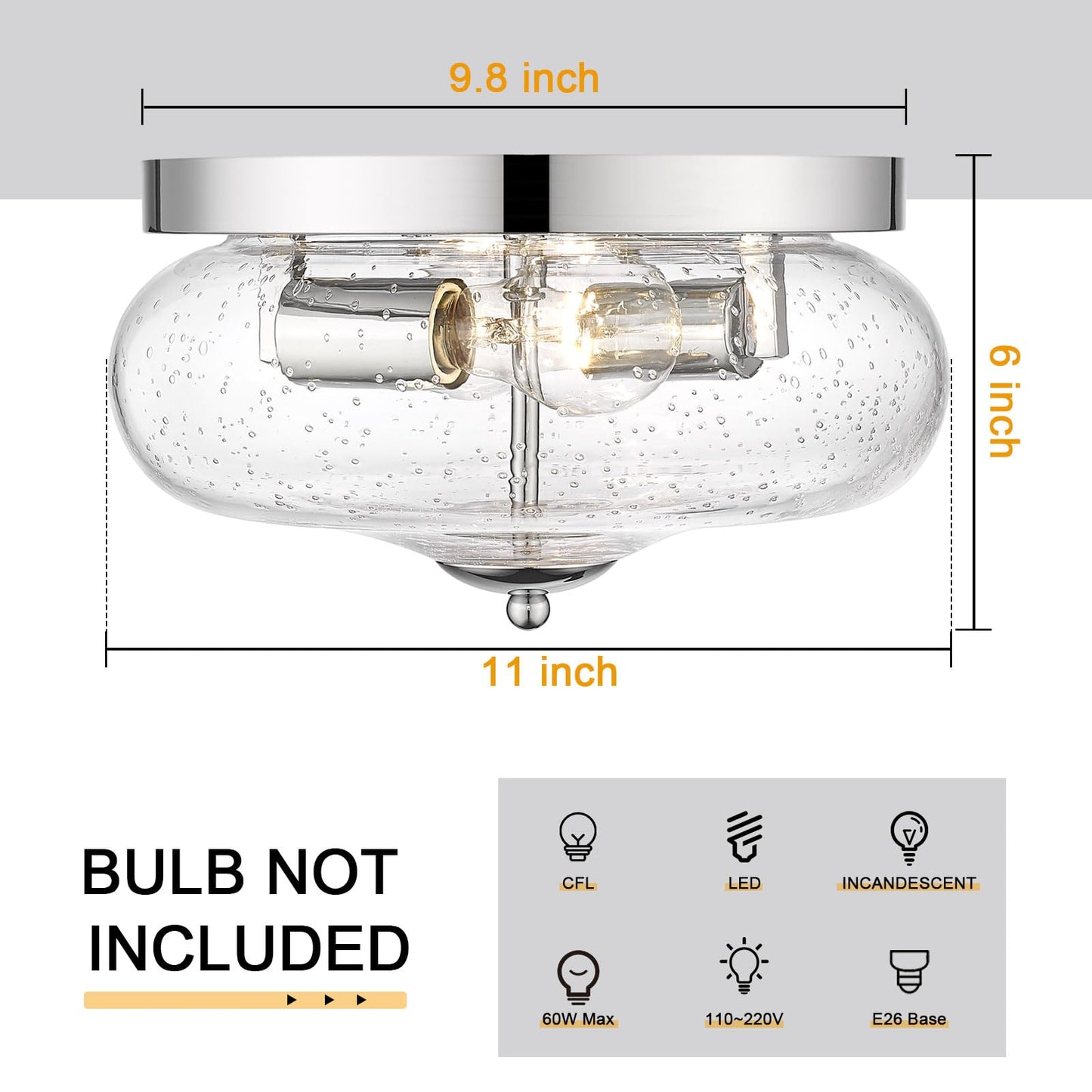 Darkaway Ceiling Light Fixtures Flush Mount Indoor Outdoor Ceiling Light with Seeded Glass Shade for Hallway Kitchen Bedroom Porch Living Room Dining Room Chrome Finish