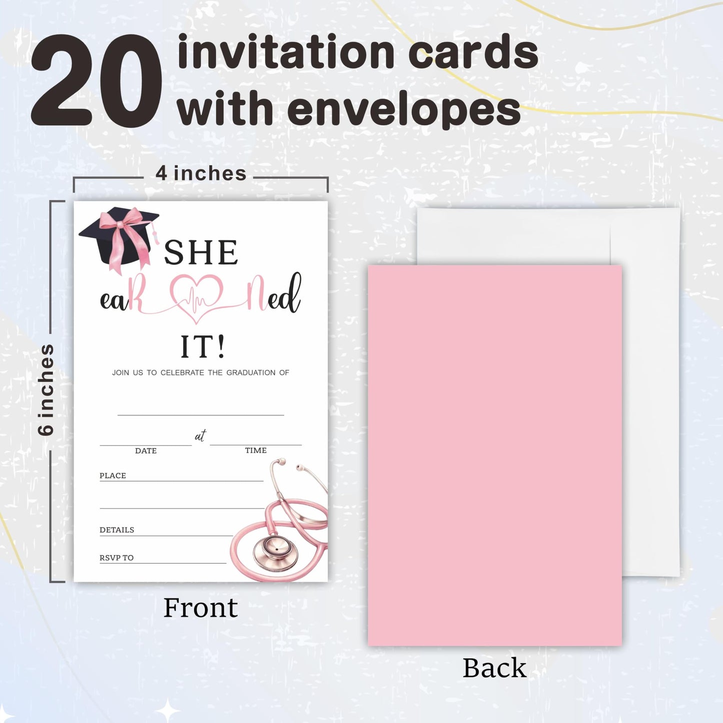 Nursing School Graduation Party Invitations - She Earned It - 20 Invites With Envelopes, Double-sided Fill In Invite Cards For College, High School, University Grad- Party Decorations & Supplies - A02