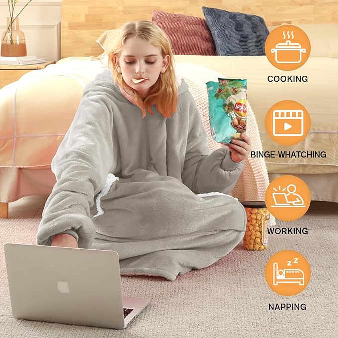 yescool Wearable Blanket Hoodie, Flannel Sherpa Fleece Blanket Sweatshirt for Adults Women Men,One Size Fits All
