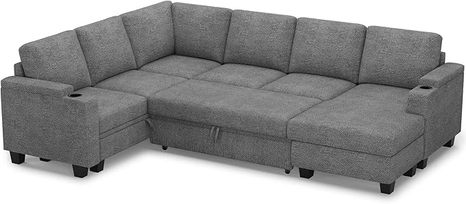 Belffin Sleeper Sofa Modular Sectional Pull Out Couch Bed U Shaped Sofa Couch for Living Room with Storage Chaise. Light Gery
