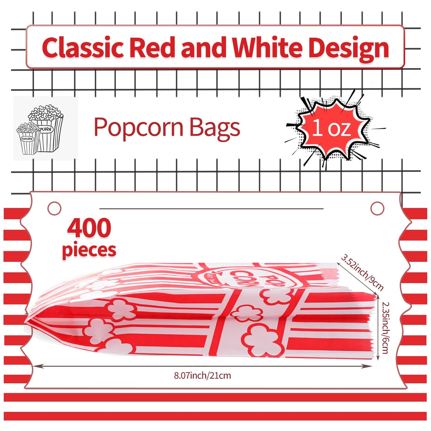 VOISEN Paper Popcorn Bags,400 Packs 1oz Popcorn Bag Individual Servings, Pop Corn Bag Bulk for Poporn Machine,Movie Nights Pop Corn Bags