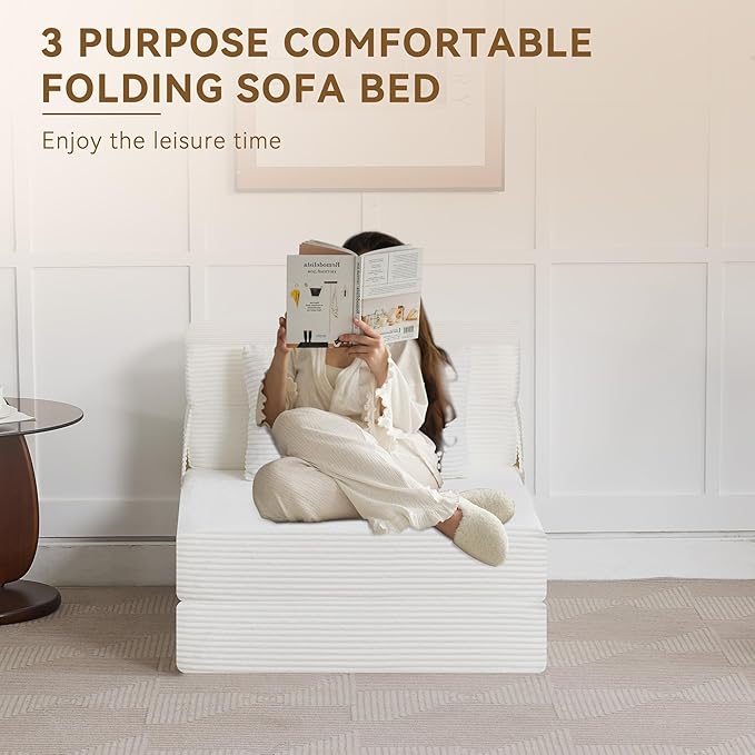 WUTUTUEE Folding Sofa Bed Convertible Floor Couch Foldable Chair Bed with Pillow,Linen Sleeper Chair Futon,Foldable Memory Foam Mattress for Bedroom/Living Room/Dorm/Office (Corduroy White, Single)