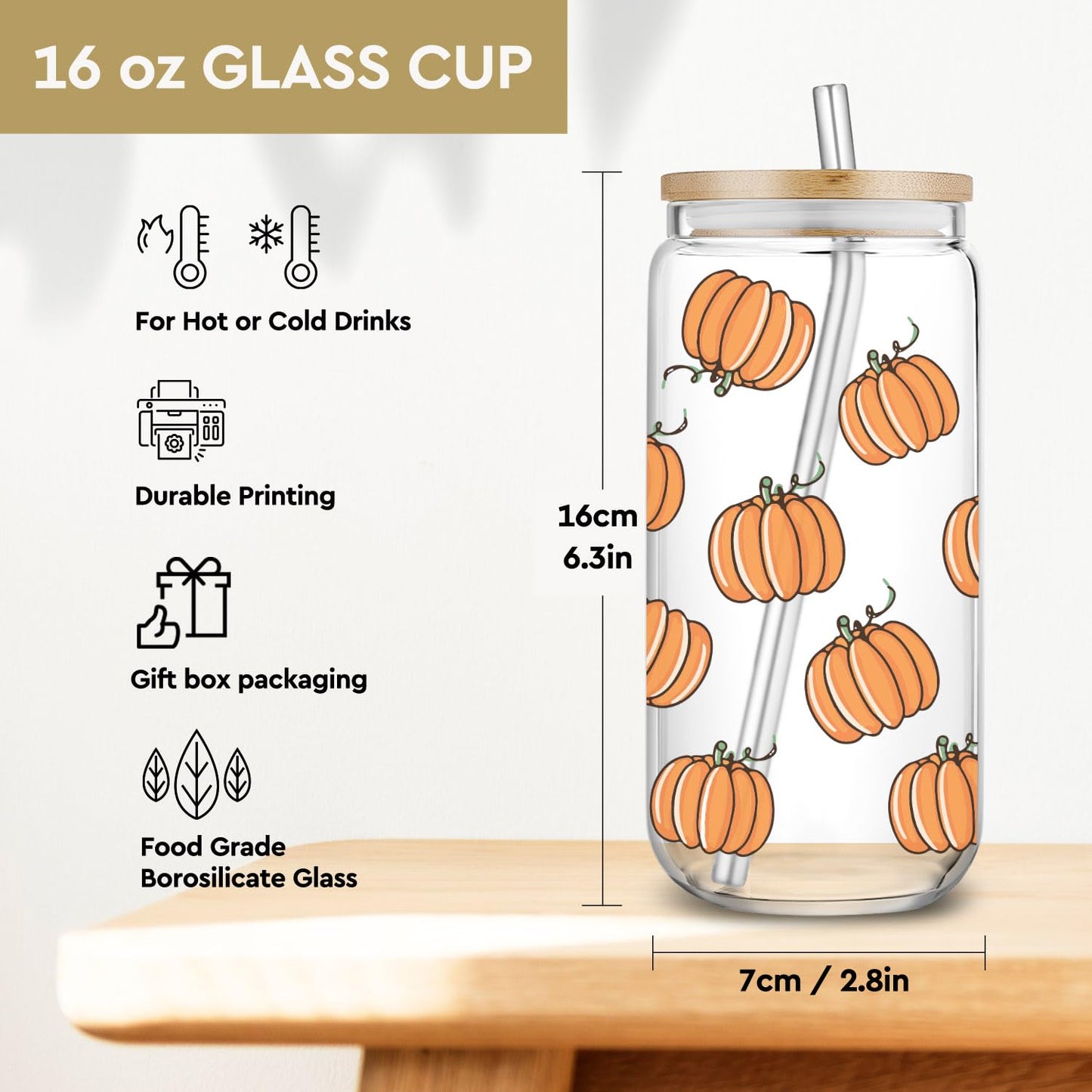 SEWSONG Fall Pumpkin Cup Birthday Gifts for Women Mom Friend Sister,Thanksgiving Glass Tumbler,Pumpkin Mug Glass Cup with Lids and Straws 16oz,Fall Coffee Cups,Halloween Coffee Tumbler