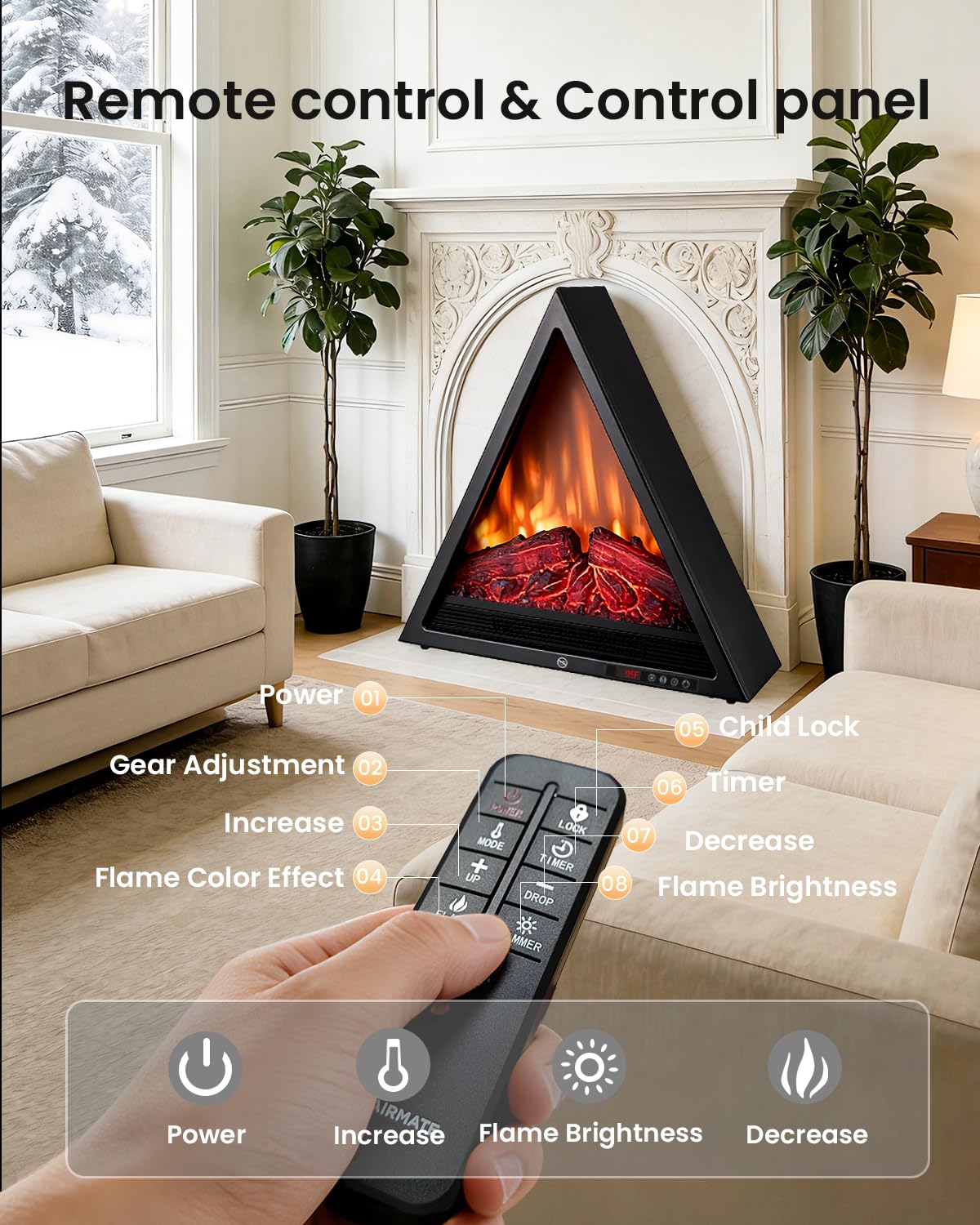 AIRMATE 22in Electric Fireplace Heater, 1500W Triangular Electric Fireplace Insert Logs 24H Timer, Adjustable LED Light & Flame Colors Remote Overheat Protection Fire Places Fireplace