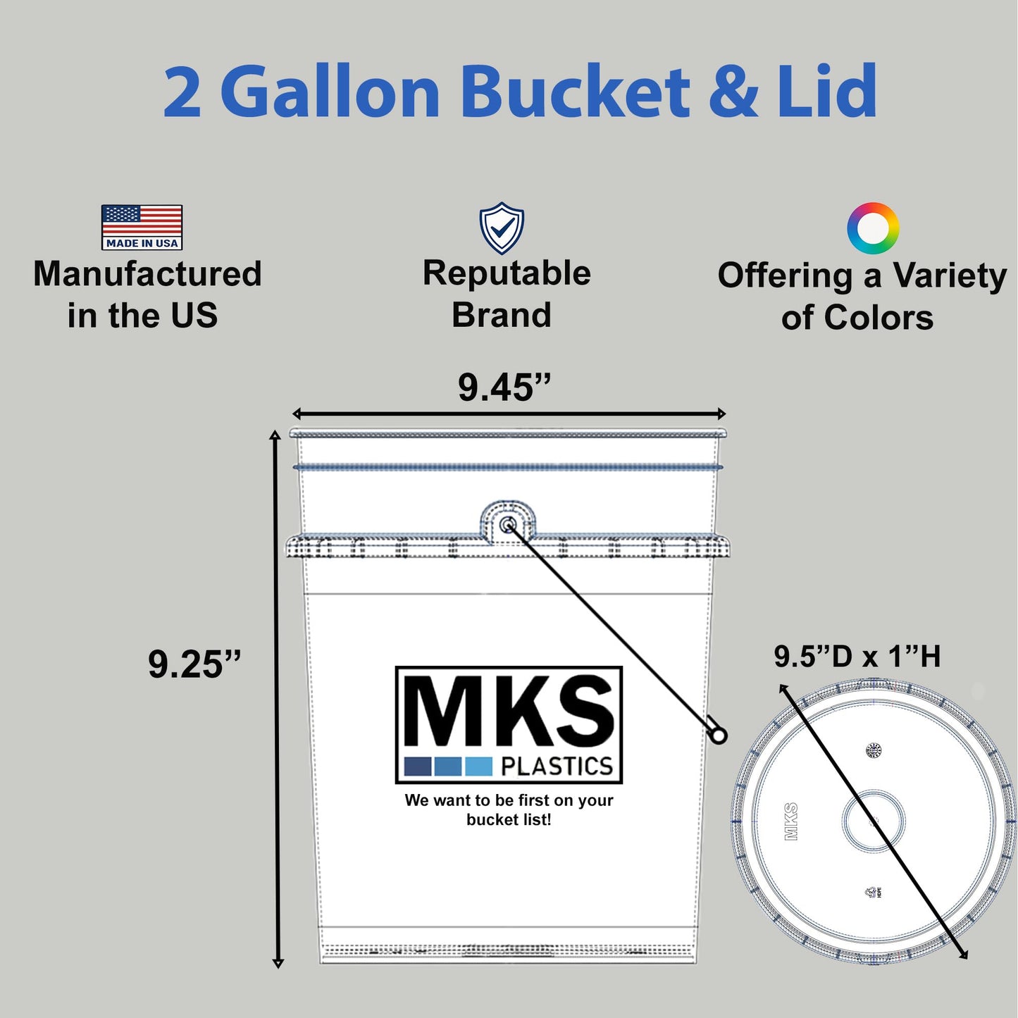 2-Gallon Bucket with Airtight Lid – Heavy-Duty Extra Durable Pail – Made in USA – Premium Quality HDPE – Food Grade – BPA Free – Metal Handle with Plastic Grip – Stackable – Multi-Use – White, 1 Pack