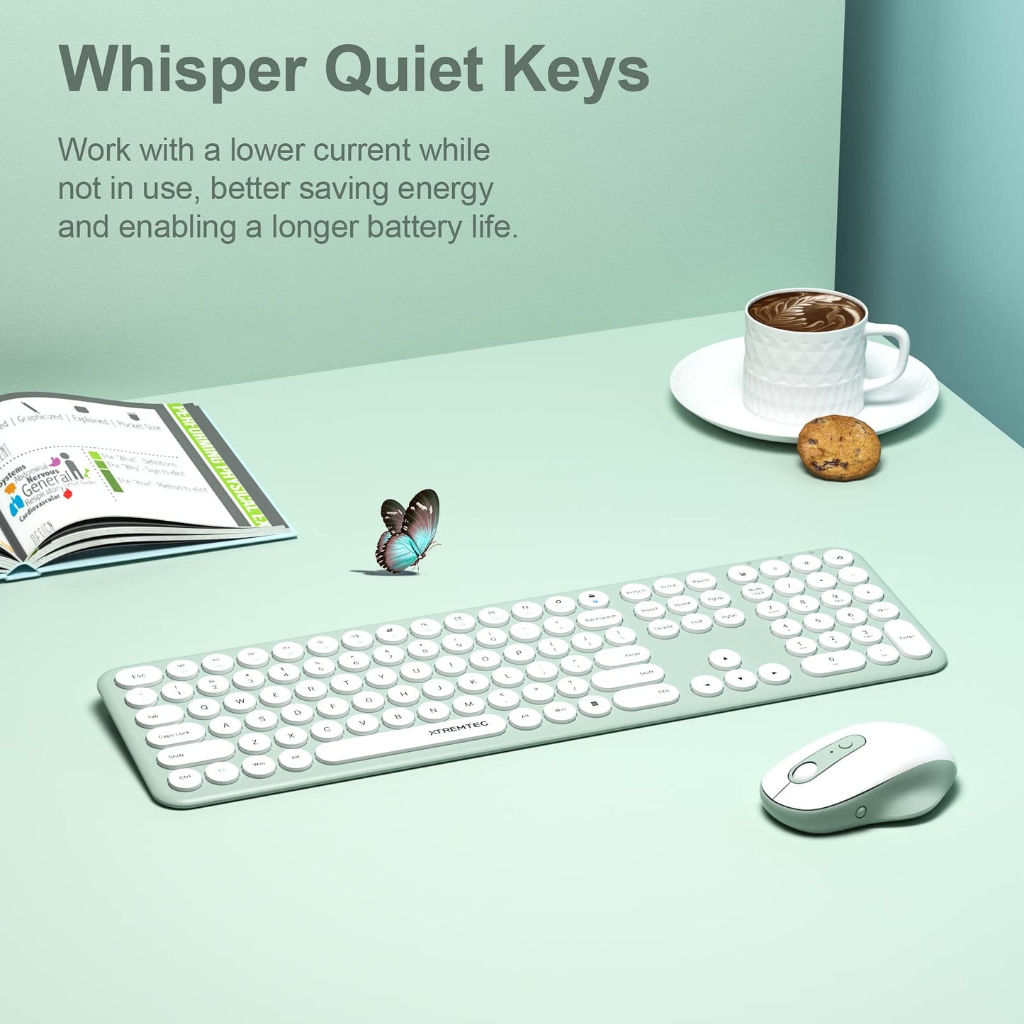 Xtremtec Wireless Keyboard And Mouse, Cute Retro Round Keycap - 2.4Ghz Ultra-Slim Quiet Aesthetic Keyboard For Mac Computer Lapt