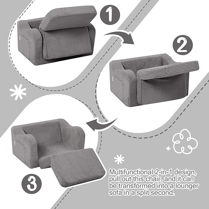 MeMoreCool Toddler Chair Comfy for 1-3 Years Old, Corduroy Kids Couch Bed Fold Out, 2-in-1 Foldable Baby Lounge Chair, Pull Out Children Sofa Bed, Light Grey