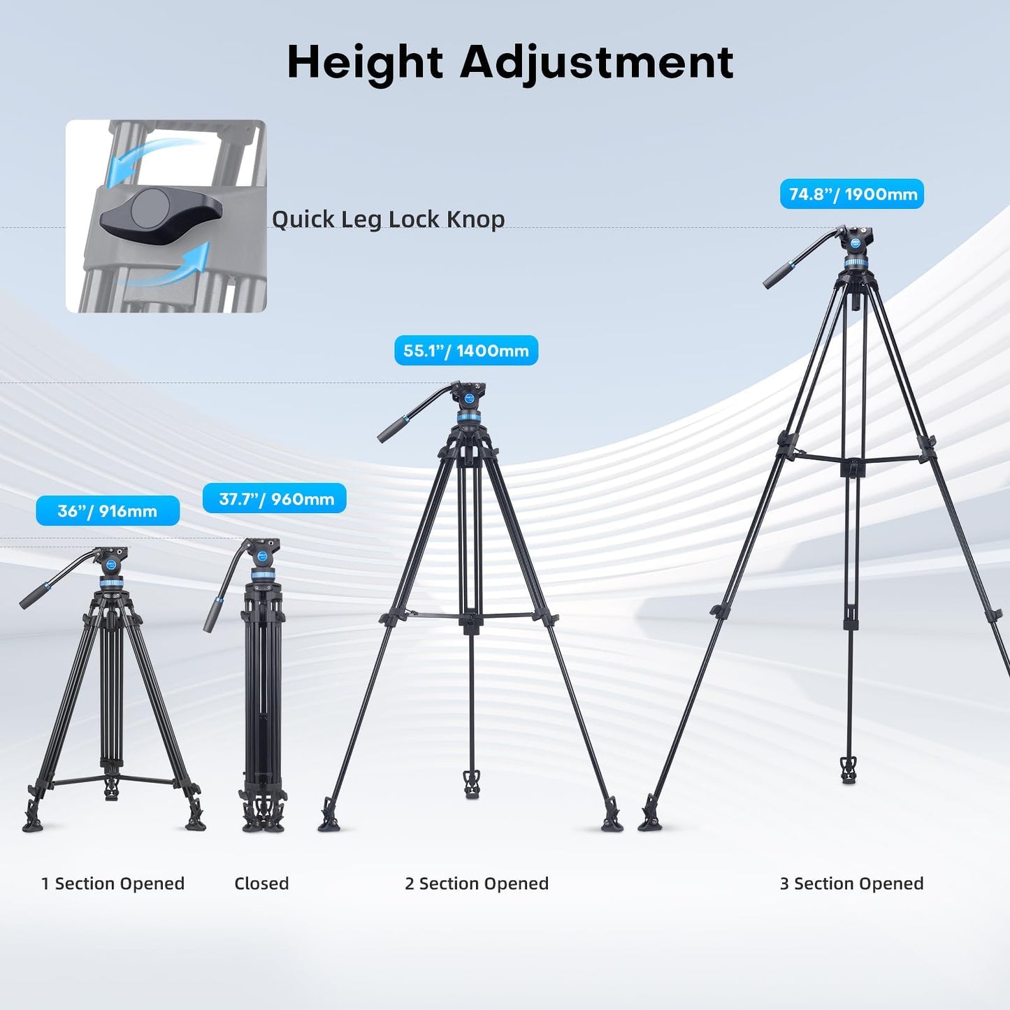 SIRUI AM-25S Video Tripod, 74.8" Professional Heavy Duty Tripod with Adjustable Damping Fluid Head for Camcorder, Cameras, DSLR, 360° Pan & +90°/-75° Tilt, Quick Release Plate, Max Load 22.0lb