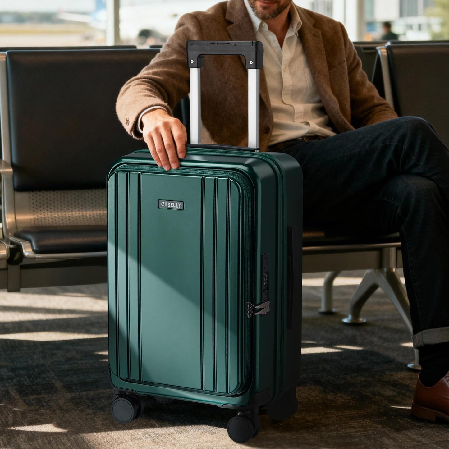 CASELLY Carry On Luggage Top Opening with Cup Holder & Phone Holder, Expandable PC Hard Shell Suitcase, USB Charging Port, Side Hook, 360° Spinner Wheels, TSA Lock & YKK Zippers for Fathers Day Gift