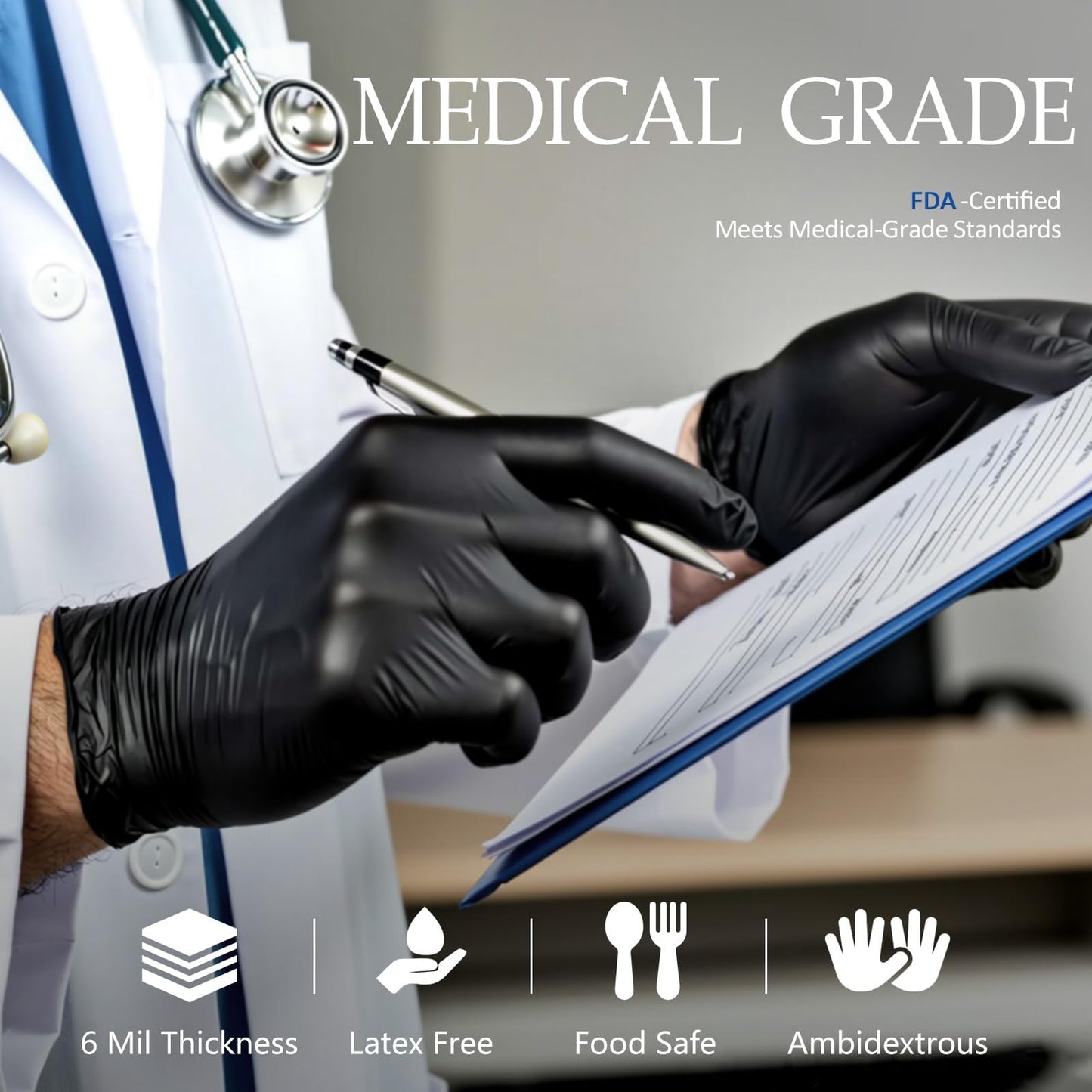 PROMEDIX P 6 Mil Nitrile Exam Gloves, Powder-Free Latex-Free Disposable, Black 100 Count Medical Grade Food Safe for Medical, Dental, Cleaning & Food Prep (Large)