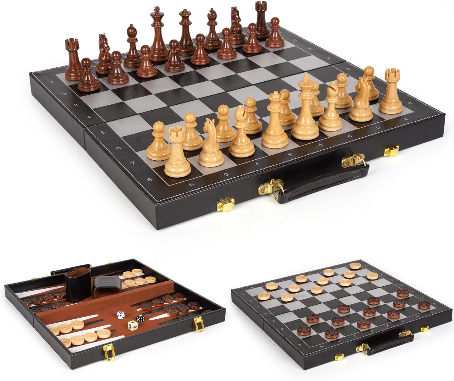 Chess Checkers Backgammon Set 3-in-1 Board Games Sets for Kids & Adults,15" Folding Magnetic Chess Set Leather Chess Board Strategy Game Portable Travel Chess Game with Magnetic Chess Pieces