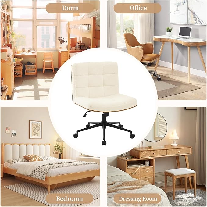 Furnimart FSC Wooden Wide Desk Chair, 360° Swivel Criss Cross Office Chair with Wheels, Comfy Cross Legged Sitting, Armless Rolling Chair for Bedroom, Office, Vanity (Faux Fur White)