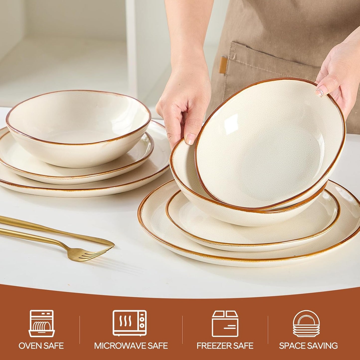 Bestone 12 Pieces Round Kitchen Dinnerware Sets,Plates and Bowls Sets,Dishes, Plates, Bowls, Dish Set, Chip Resistant Ceramic Dinnerware Set, Dishwasher/Microwave Safe,Service for 4,Pearl White