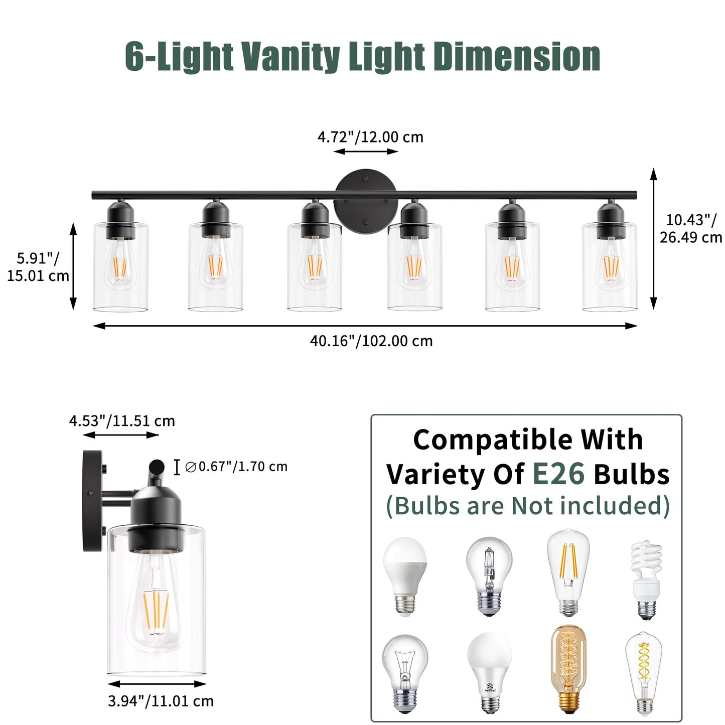 Espird 6 Lights Bathroom Vanity Light Fixtures Matte Black,Rustic Farmhouse Vanity Lighting Over Mirror Modern Industrial Lamp with Cylinder Glass Shade UL Certified