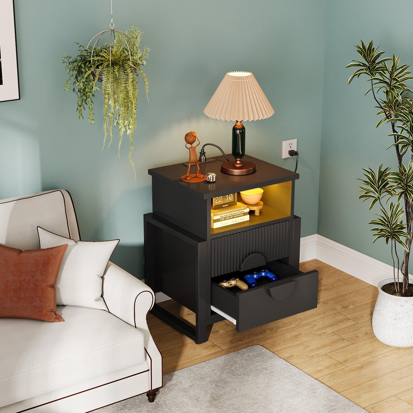 LGHM Fluted Nightstand with Strip Lights, Charger Station, Night Stand with 2 Drawers, Accent Bed Side Table and End Table,Curved Profile Design, Raising H Legs for Bedroom, Living Room,Black