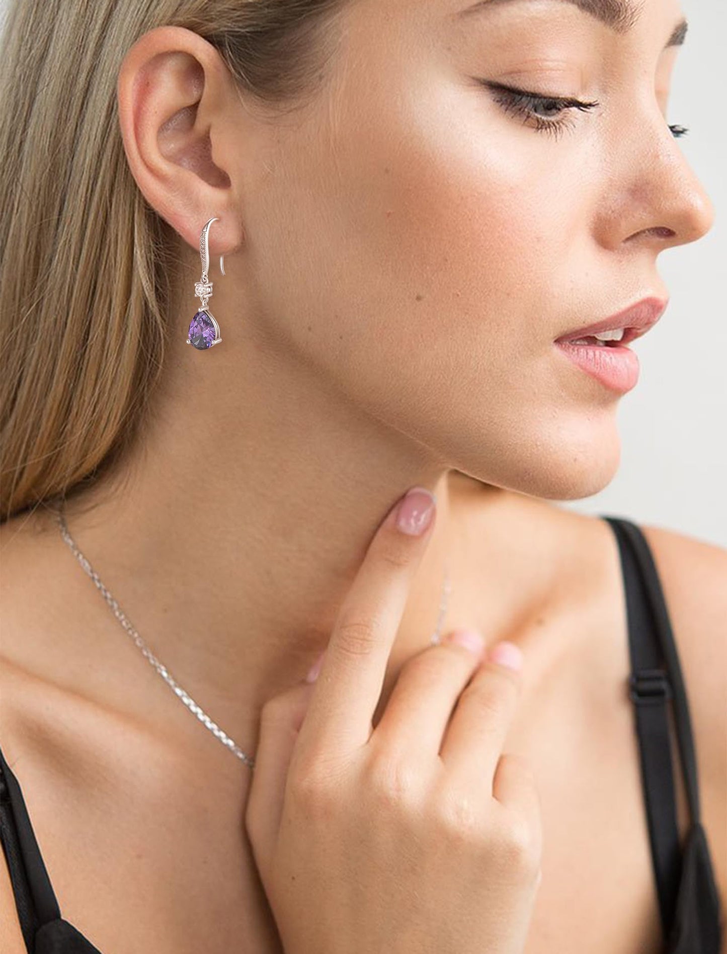 PYNZY Teardrop Dangle Drop Earrings 925 Sterling Silver Earrings with 7x10MM Created Amethyst Birthstones, Dangle Earring for Women Jewelry Gifts