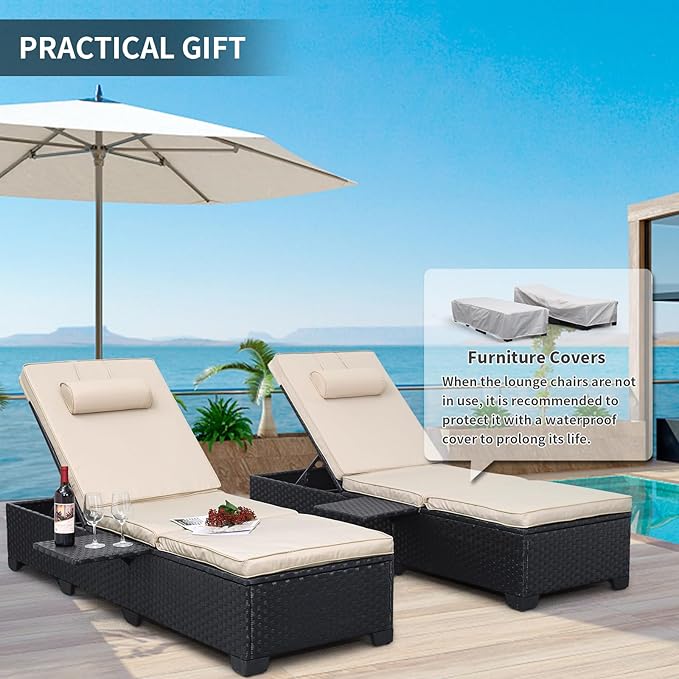 WAROOM Outdoor Chaise Lounge Chairs for Outside Patio Furniture Set of 2 Wicker Recliner Black Rattan Reclining Pool Sunbathing Chair Adjustable Backrest Lounger with Khaki Cushion