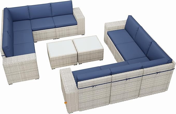 Broivira 12 Piece Patio Furniture Set, 9.8" Wide Arm Sectional Sofa with Storage Armrests, All-Weather Rattan Outdoor Conversation Set for Garden, Porch, Lawn, Backyard, Balcony, Blue