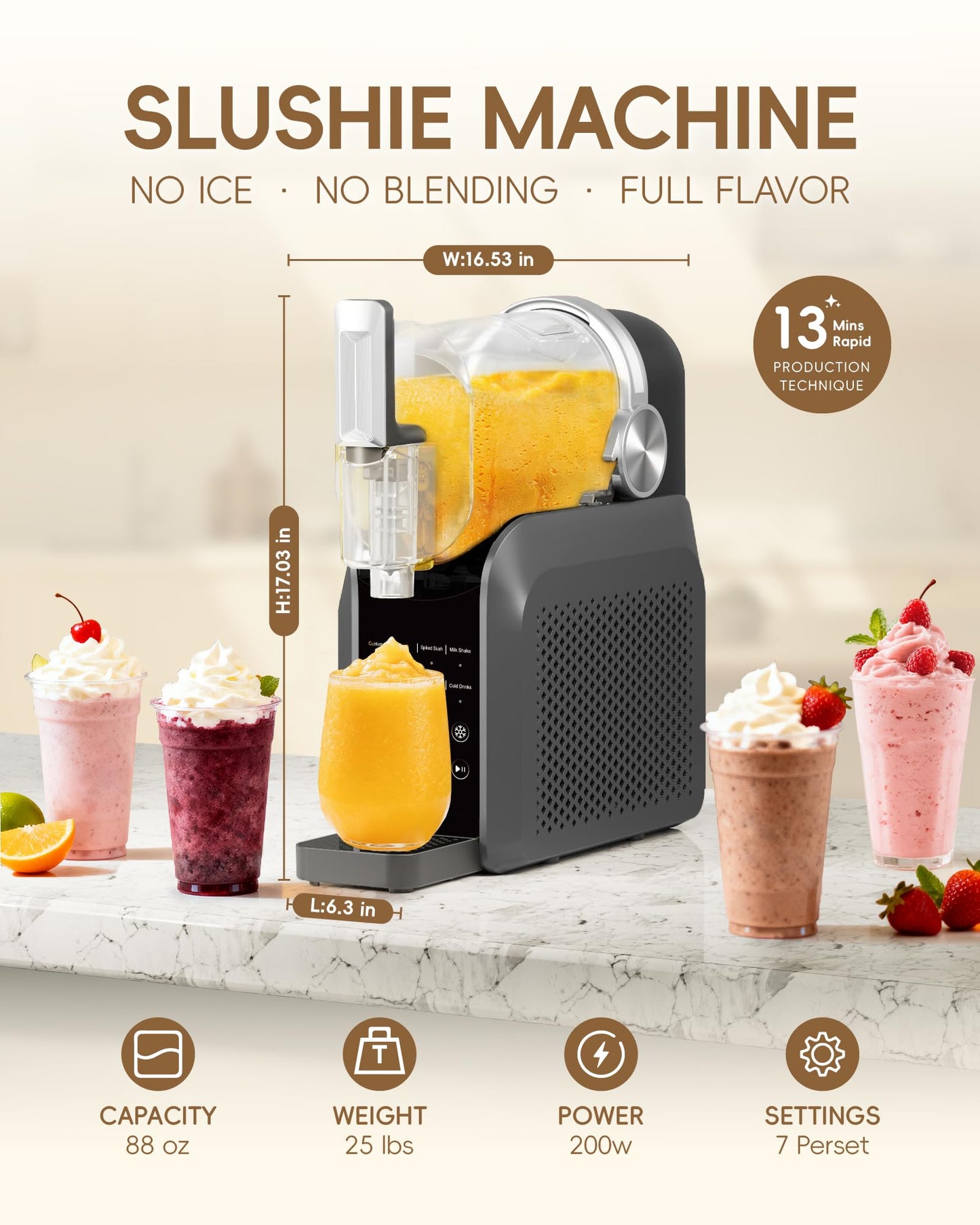 Slushie Machine, No Ice Needed, 88 oz Slushie Machine with Dust Cover for Home, Professional Frozen Drink Maker, 7 Preset Programs+Rinse, Frozen Margaritas, Frappés, Milkshake, and More