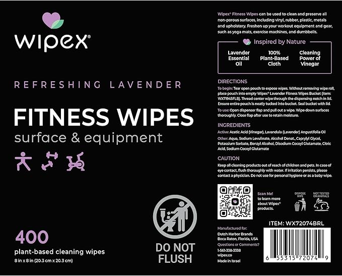 Wipex Gym Wipes for Equipment Bundle – 1600 Count with (2) Lavender Buckets & (2) Refill Rolls - Plant-Based Fitness Equipment Wipes, Clean Surfaces & Mats, Safe Gym Cleaner, 1600 Ct (Pack of 4)