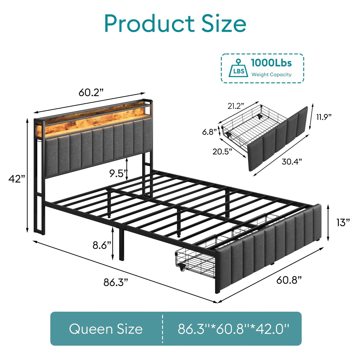 Queen Bed Frame with Storage, Upholstered Bed Frame with LED Lights Headboard and 2 Drawers, Charging Station, Noise-Free, No Box Spring Needed, Easy Assembly, Grey