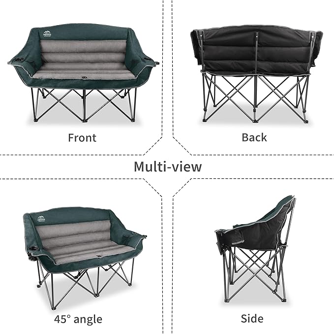 LANMOUNTAIN Fully Padded Folding Double Camping Chairs,Comfy Oversized Loveseat Lawn Chair w/Wine Glass Holder,Cup Holder,Heavy Duty Outdoor Portable Camp Couch Support 600 Lbs,Dark Green