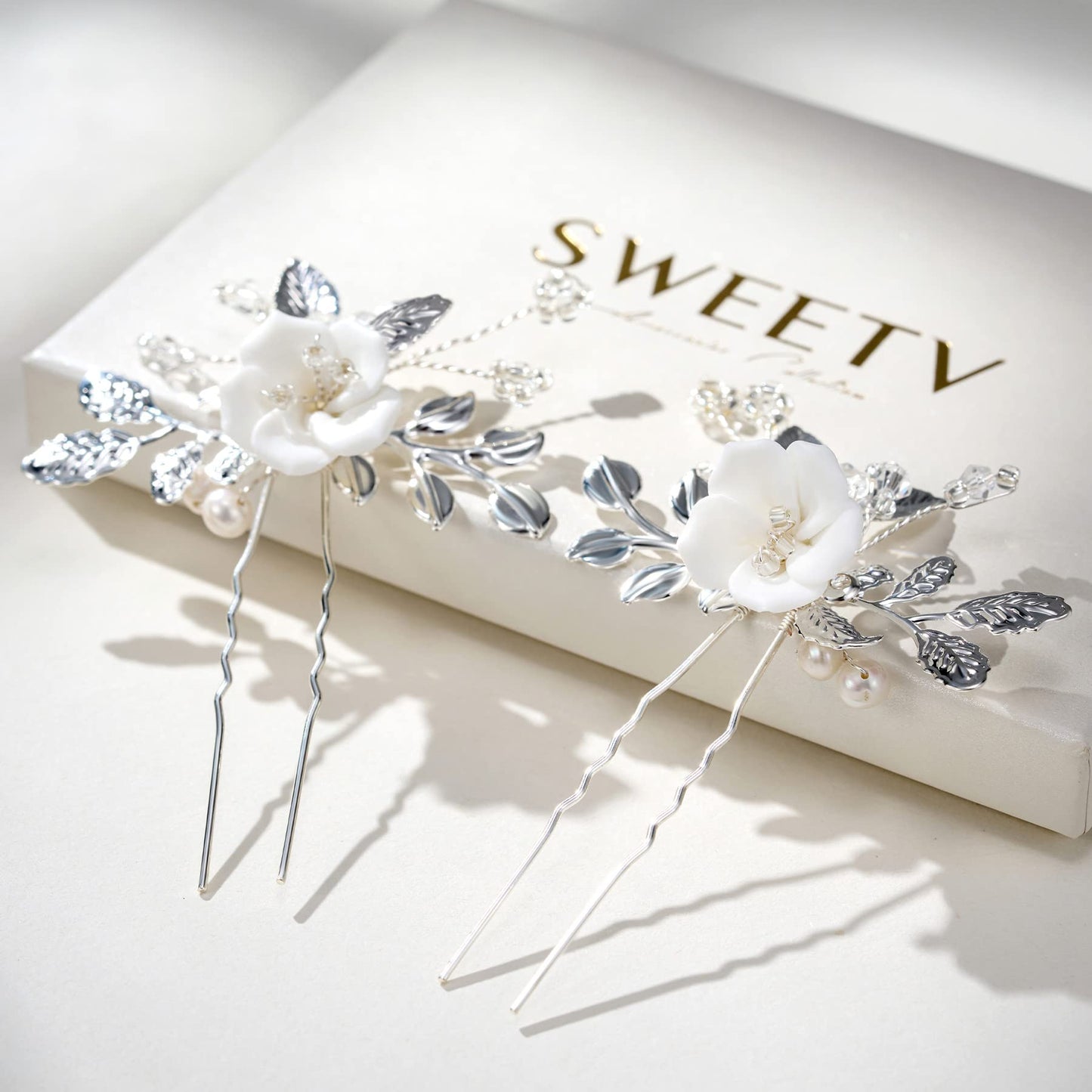 SWEETV 2Pcs Bridal Hair Accessories,Silver Wedding Hair Pins Pieces With White Flowers for Brides