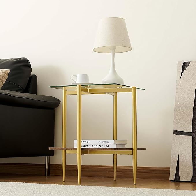 Pine Flicker Square Glass End Table, Mid-Century Modern Sofa Table, L20*W20*H23 inch for Living Room, 2-Tier Structure, Clear Glass Top and Walnut MDF Shelf, Sleek Conical Metal Legs with Gold Finish