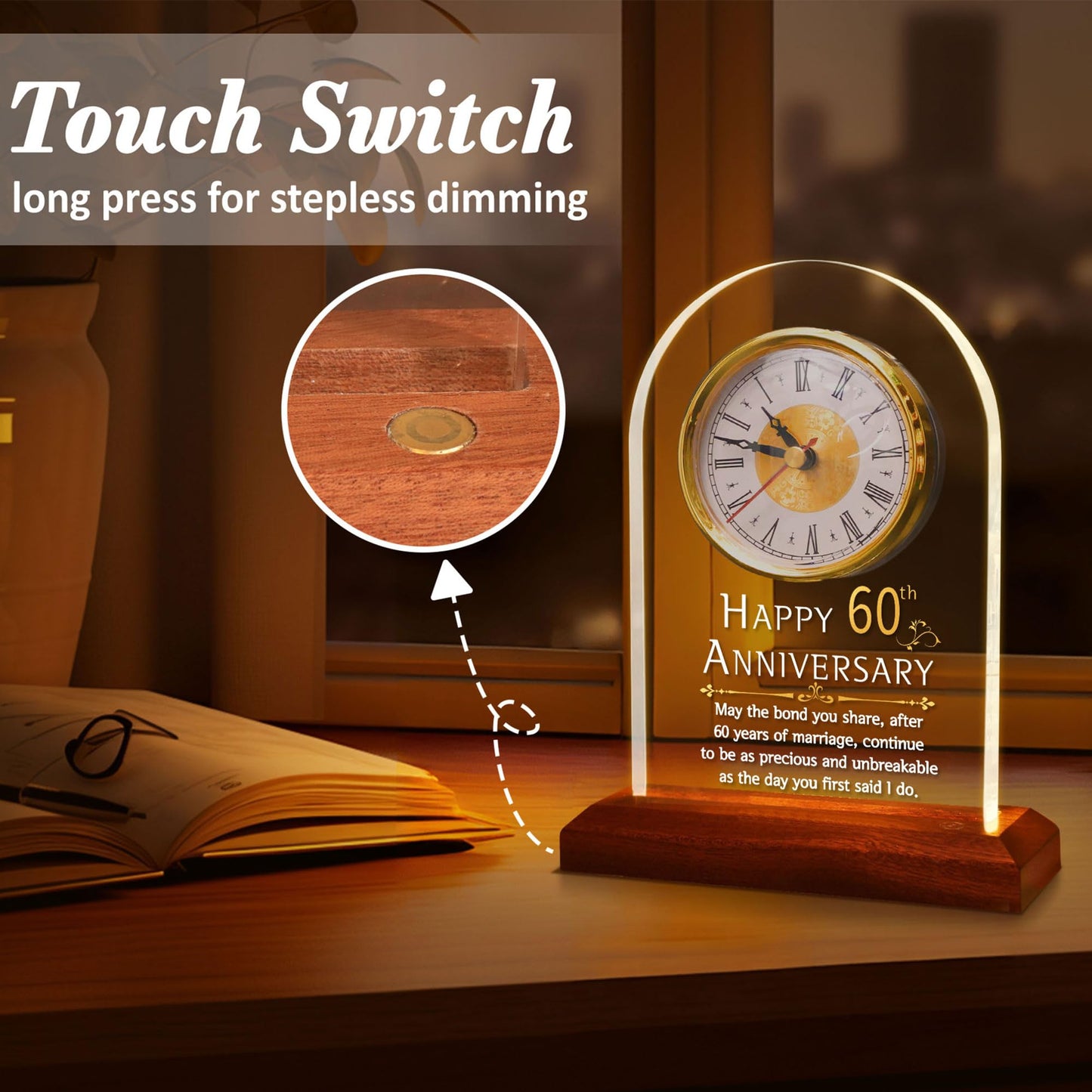 FULLOSUN 60th Anniversary Wedding Gift, Desk Table Clock, Anniversary Quartz Clock, 60 Years of Marriage, Diamond Wedding for Couple, Parents, Grandparents (60th)