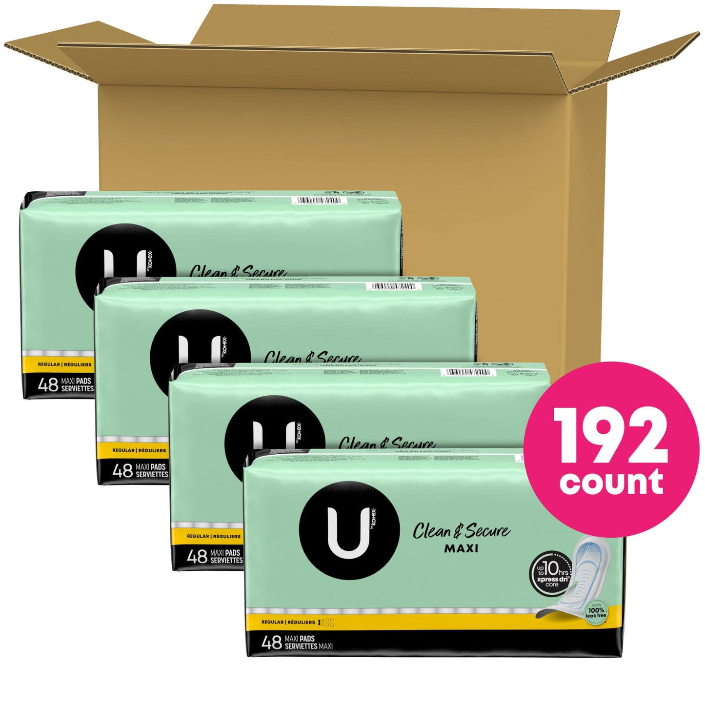 U by Kotex Clean & Secure Maxi Pads, Regular Absorbency, 192 Count (4 Packs of 48) (Packaging May Vary)