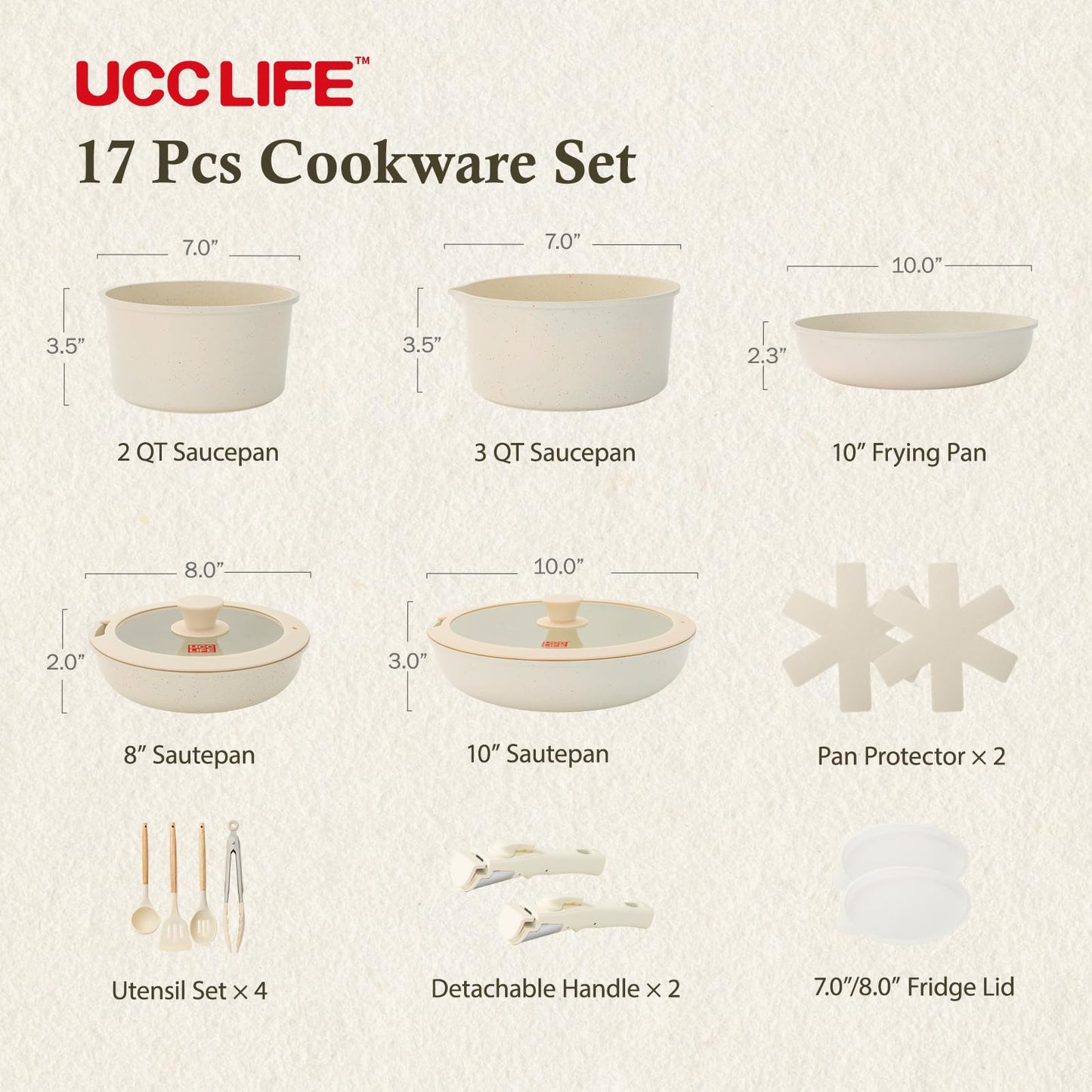 UCClife 17-Piece Nonstick Cookware Set, Family Kitchen Pots & Pans with Removable Handles, Oven & Dishwasher Safe, PFAS-Free for Everyday Cooking