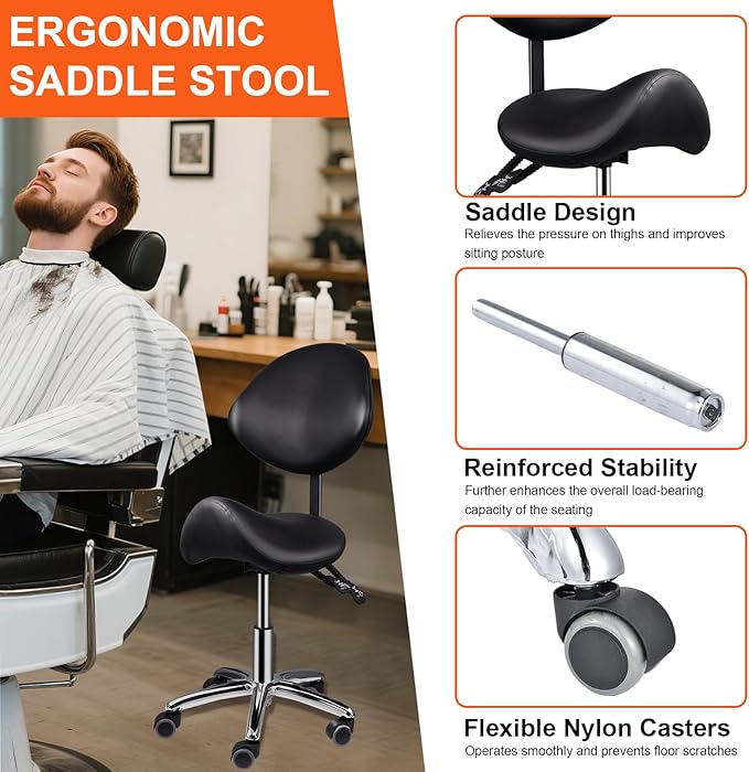 Saddle Stool with Back Support, 400lbs Adjustable Salon with Wheels, Heavy Duty Rolling Ergonomic Rolling Esthetician Seat for Home Office Salon Shop Dentist Clinic, for People 5 ft to5.8 ft Tall