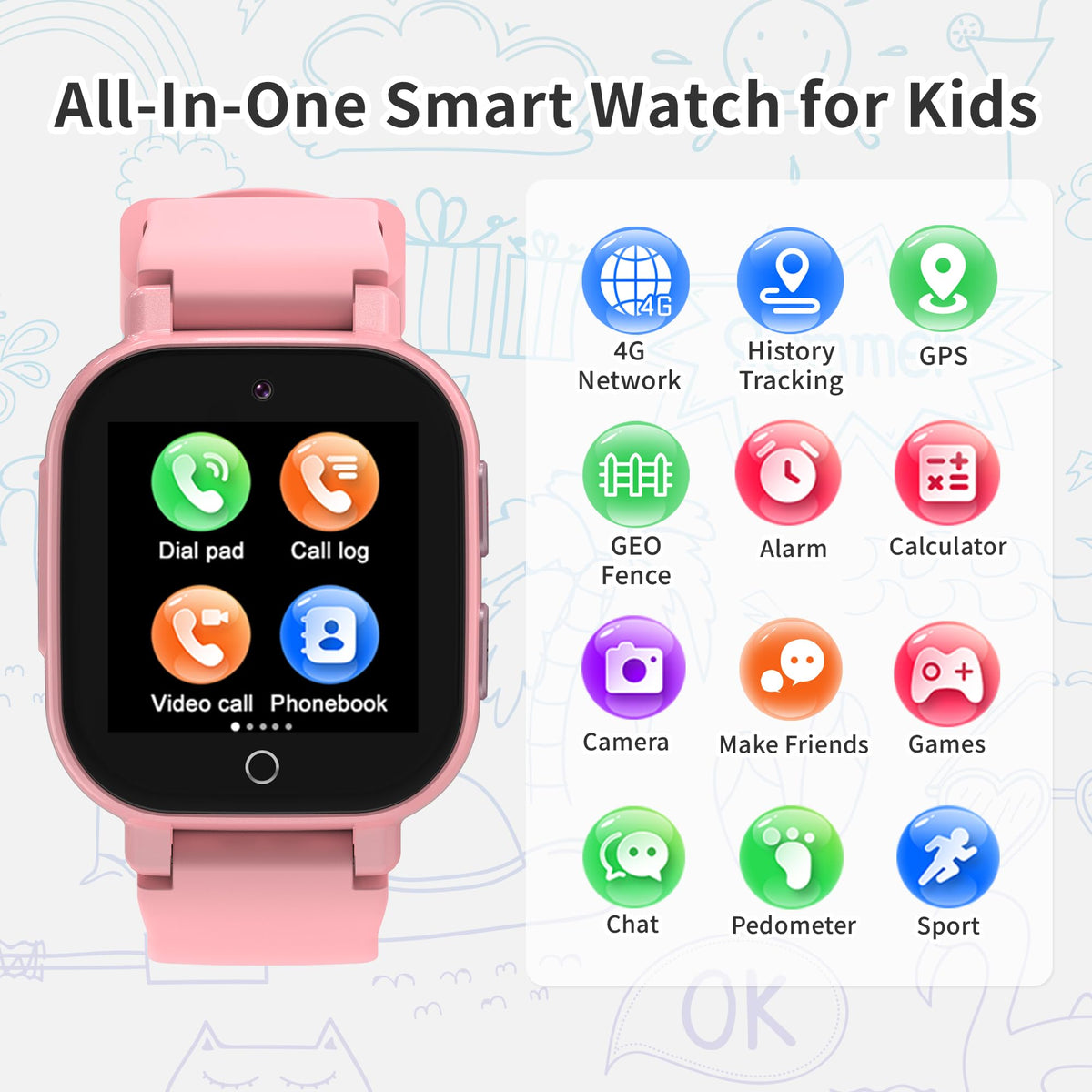 Kids Smart Watches Girls with GPS Tracker, GPS Watch for Kid Age 5-12 with Video & Voice Calling Texting SOS Puzzle Games Alarm Camera Pedometer Sport Mode, Kids Cell Phone Watch for 6 7 8 9 10(Pink)
